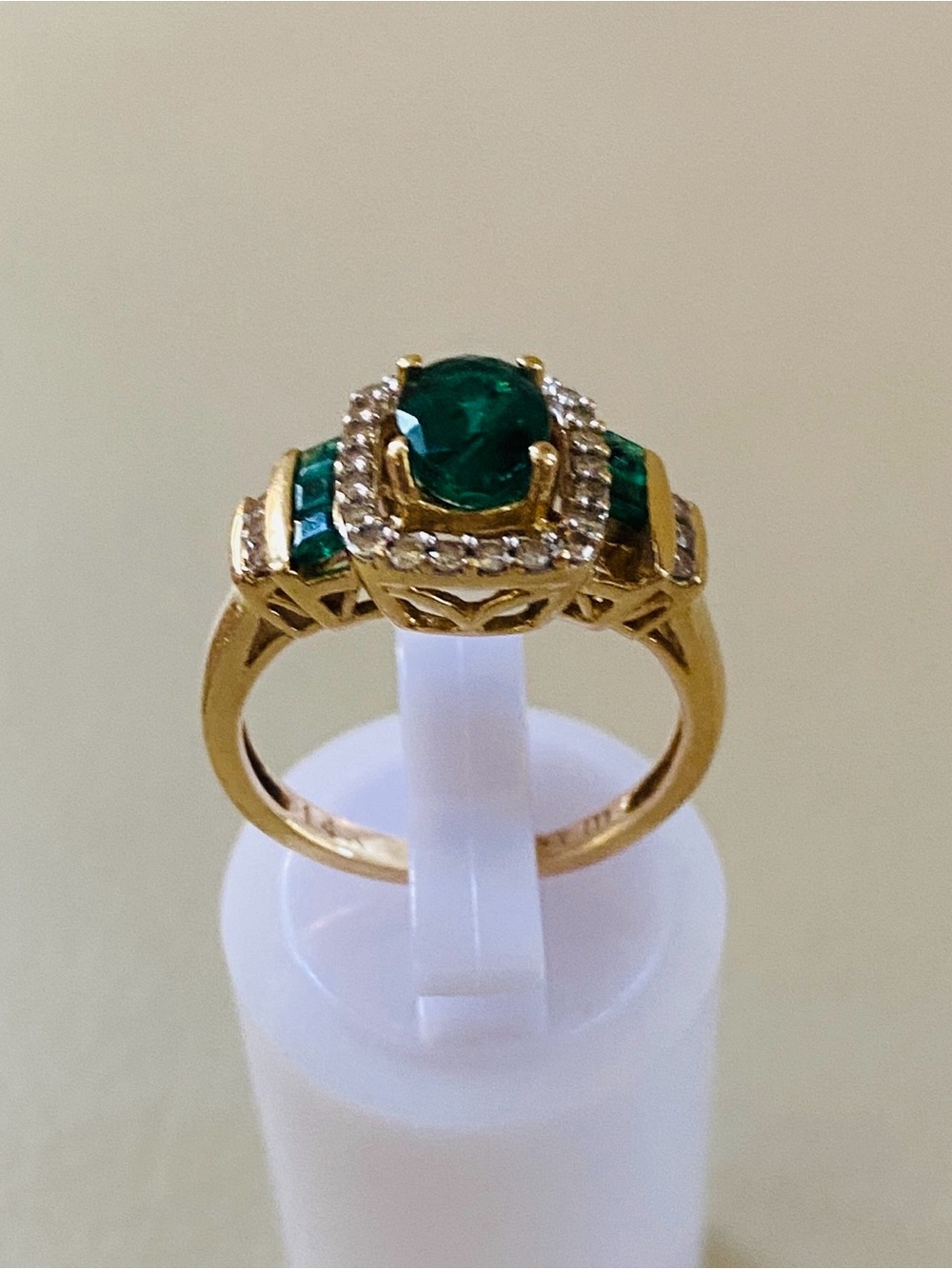 Genuine Emerald and Diamond Halo 14k Gold Ring - Women Jewelry